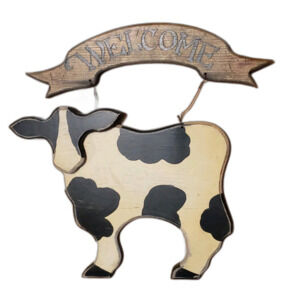 Country Folk Art Holstein Cow Welcome Sign hanging Wood Handmade Painted 16.75"